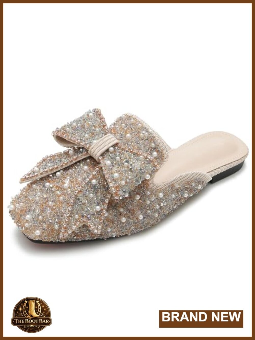 Rhinestone Bow Flat Mules Square Toe Slip On Penny Loafers Clogs Slides